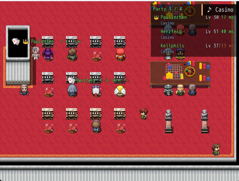 A party of three at the casino, with the party box at the top right