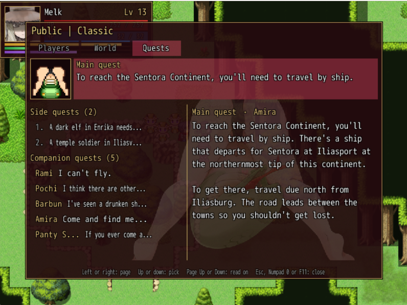 The World overview's Quests page, with the main quest next to Amira, the side and companion quests, and the picked quest's whole text