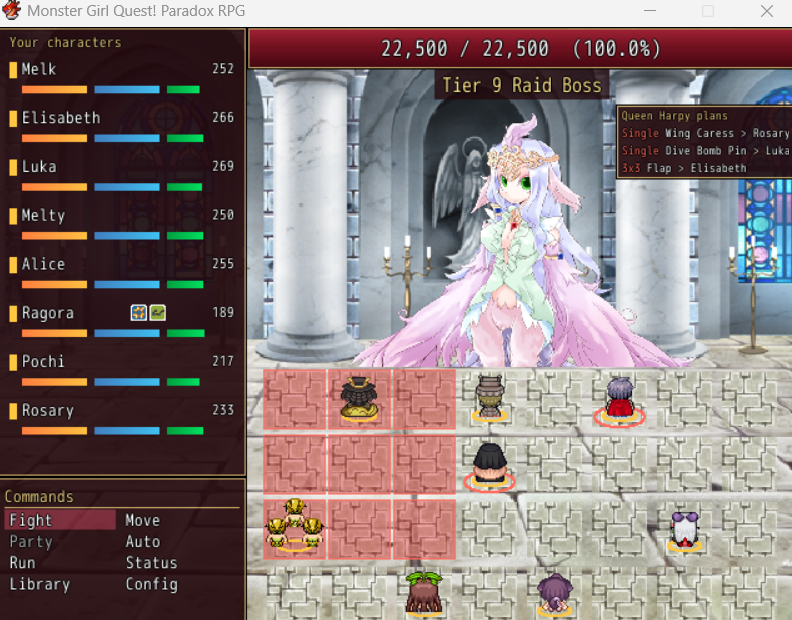 A raid battle against the Queen Harpy, a tier 9 raid boss, with her health bar on top. Eight characters stand on a grid of stone tiles below her, red cells mark where her next attack lands, a box lists the attacks she plans and their targets, and the characters' health is listed on the left.